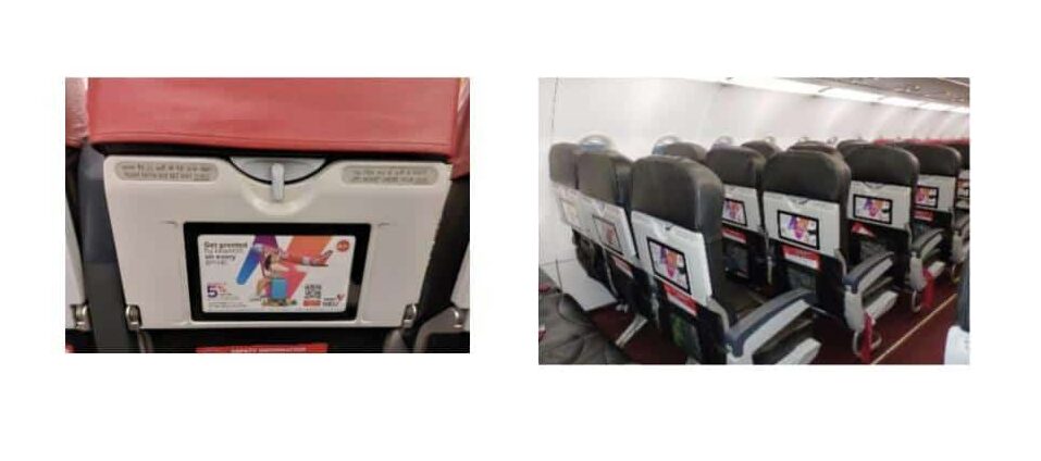 Two photos of Tata Neu's QR codes in AirAsia’s in-flight trays to drive the passengers’ attention to their super-app and ultimately increase app installs.