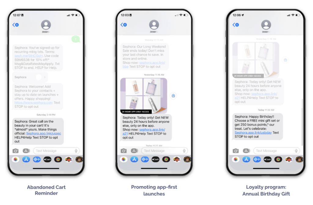 Three mobile phones with screenshots of how Sephora proactively engages with high-value customers in the app, including an abandoned cart reminder, a promotion for app-first launches, and loyalty reminders all via text message.