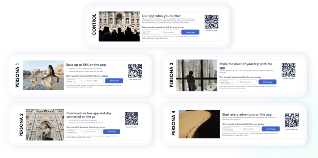 Five images showing a five offers; one for a control engagement group, one for Persona 1, one for Persona 2, one for Persona 3, and one for Persona 4. Each image has a offer text, a blue CTA button, and a QR code. 
