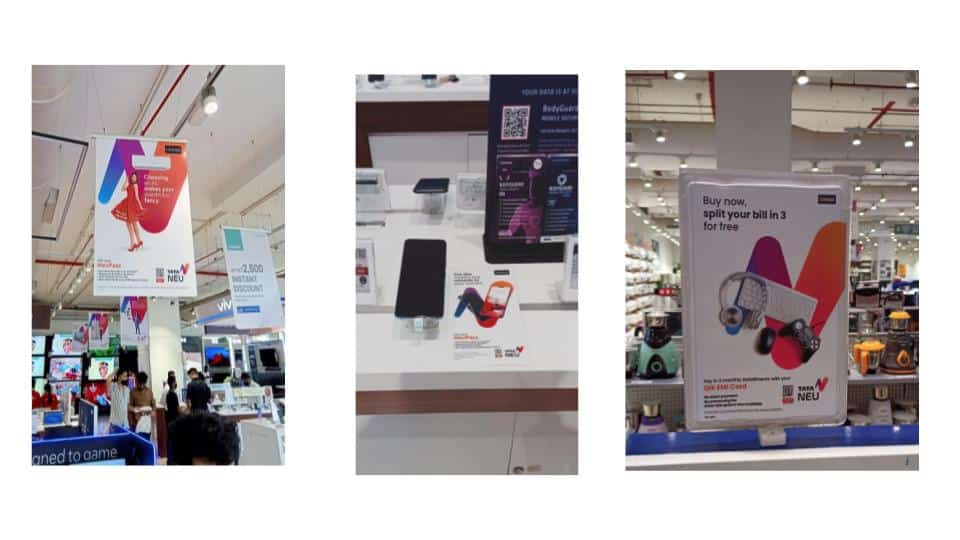 Three photos showing QR codes across in-store locations to create a seamless experience for offline users to drive mobile app installs. One is a banner hung from a ceiling. The second is on a counter in-store. The third is a sign in the store. 