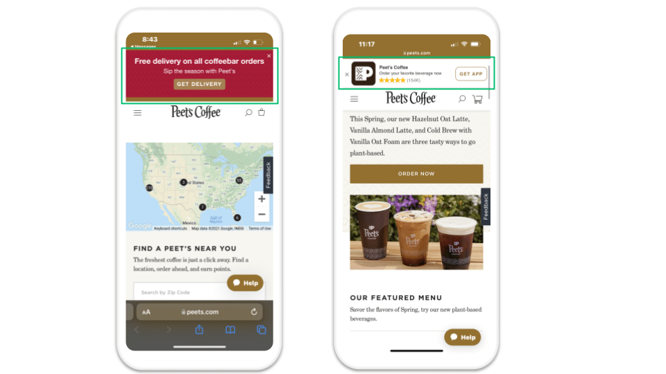 Two mobile phones with screenshots of banners for Peet's Coffee to download the app.