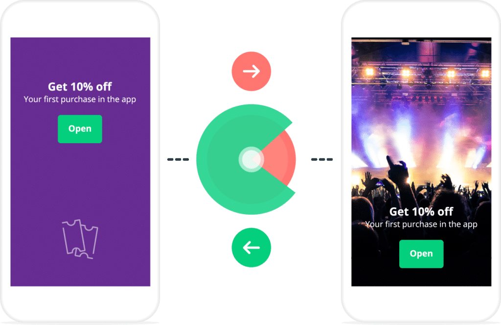 Two app screens showing 10% off offer: one with a purple background, the other with a concert scene, both with a green 'Open' button
