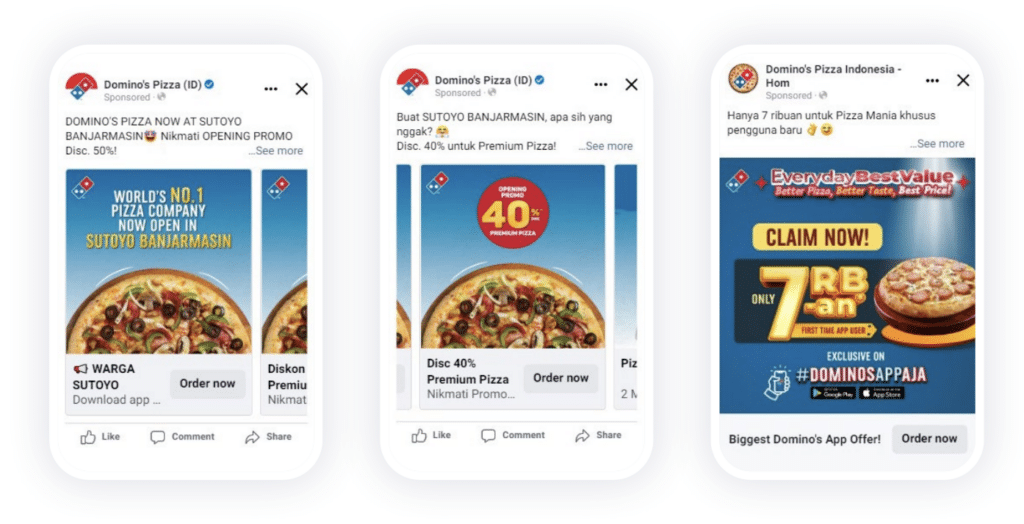 Three different versions of Domino's Indonesia advertisements. Slight variations show how advertisements can be personalized to be relevant based on contextual data.