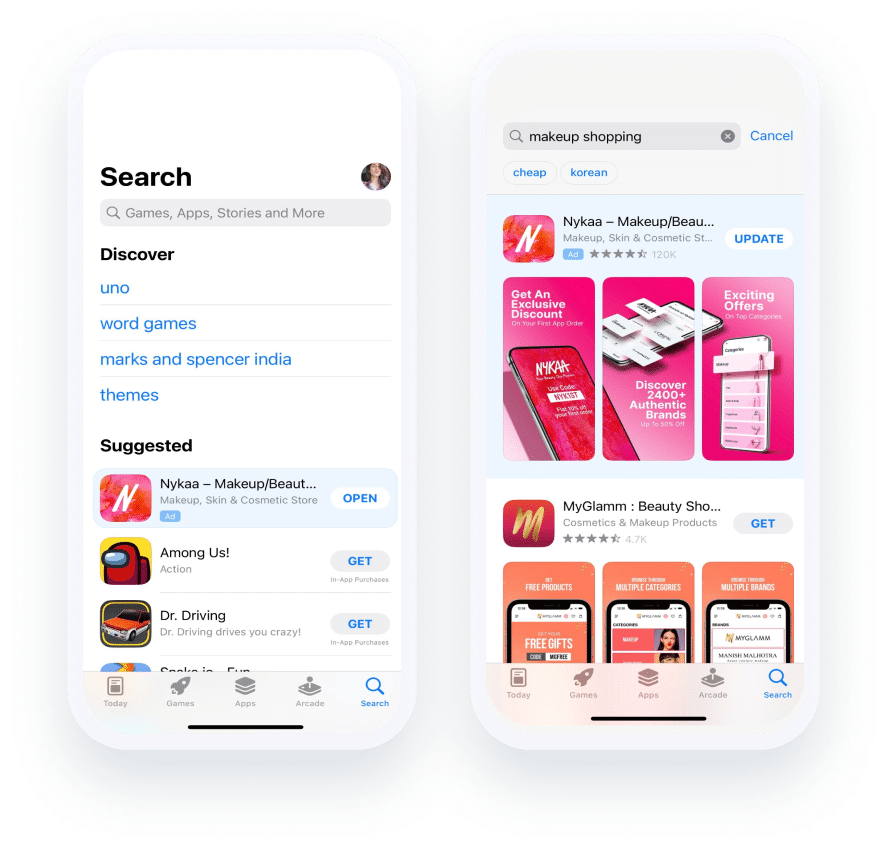 App Store image of a Search Results Campaign (shows more app details: name, icon, review (# of stars), and three images of the app) App Store image of a Search Tab Campaign (shows fewer details: name & icon)