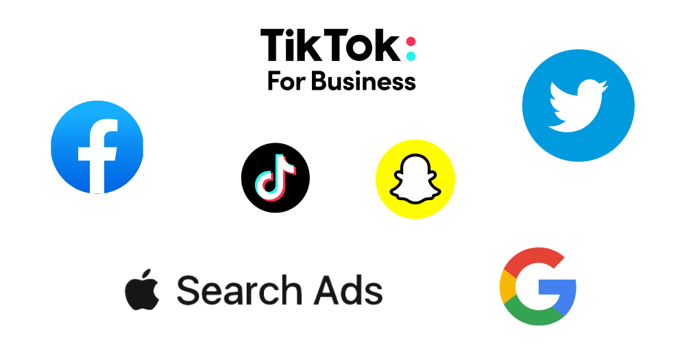 Image of logos for a variety of locations you may run campaigns: TikTok For Business TikTok Facebook Snapchat Twitter App Store Google Play