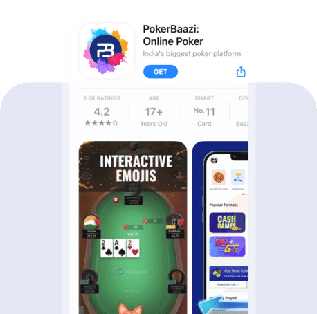 Screenshot of the PokerBaazi app listing in the app store.