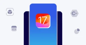 Phone with iOS 17 tile and icons surrounding