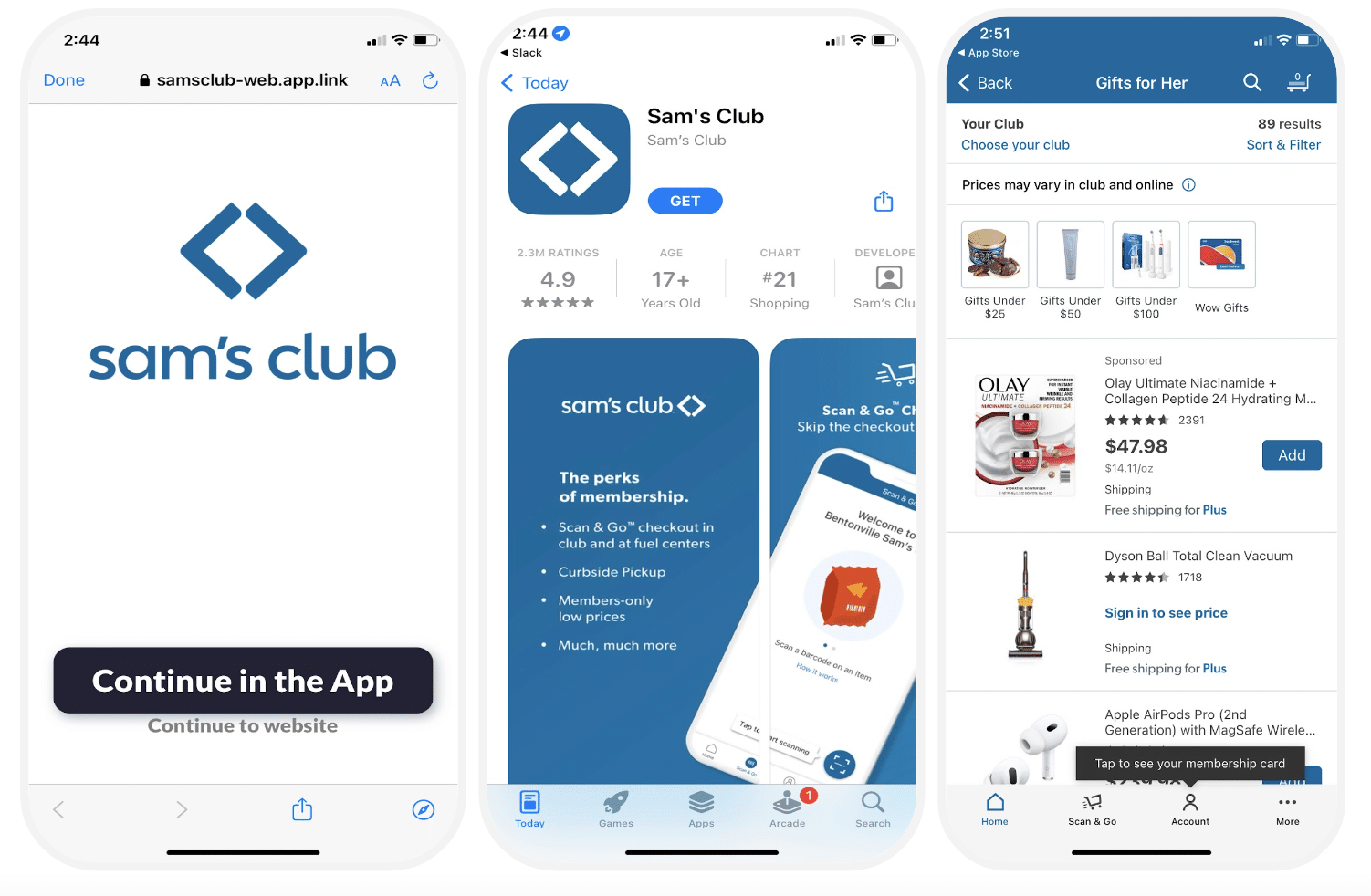 Three images showing the progression of a Sam's Club user from the mobile web to the app. Users are shown a branded transition page when deep linked to in-app content.