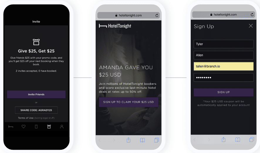 Three screenshots showing a progressive app onboarding process that starts with a screen to invite friends for $25 toward a hotel booking