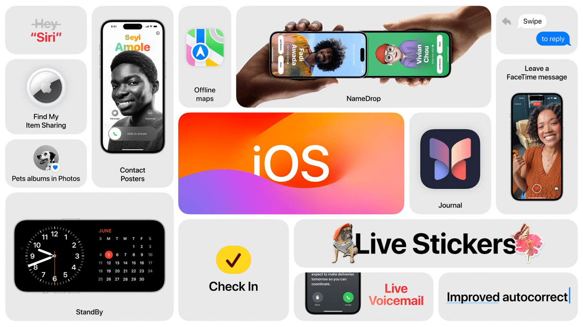 Apple's slide at WWDC 2023 showing iOS 17 updates including Live Stickers, Live Voicemail, improved autocorrect, FaceTime voicemail, offline maps, and other user experience enhancements. Show less