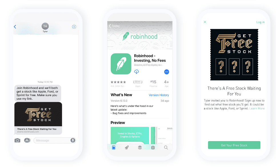 Three screenshots showing how Robinhood onboards new app users with stock offers