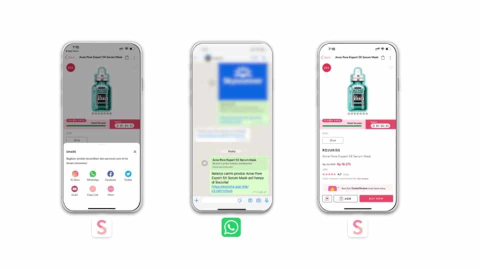 Three images showing a specific product in the SOCO app with options to share to a variety of platforms. Then a message in WhatsApp linking to the product. Finally, the receiver ends up in the SOCO app on that same product page.