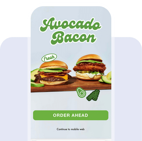 Screenshot of an app screen in the Shake Shack mobile app showing an avocado bacon burger.