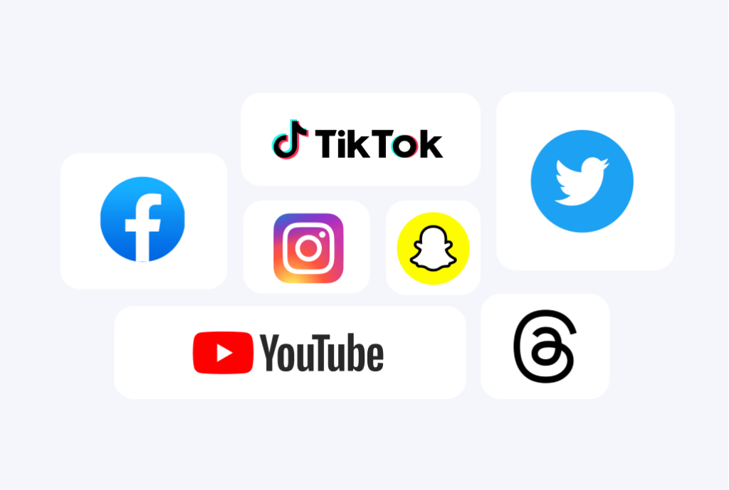 Social media platform icons, including TikTok, Instagram, Snap, Twitter, Threads, YouTube, and Facebook.