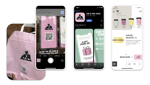4 images of the process of QR code use for marketing and mobile use: 1. User sees product with a QR code 2. User scans the QR code with a smartphone camera 3. User is directed to company's mobile app 4. User downloads app and is directed to QR code destination page
