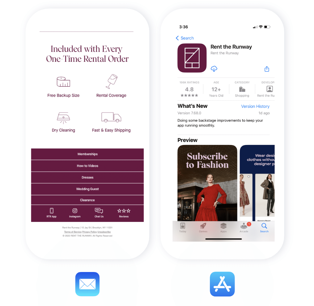Two phone screenshots showing a user flow from email to app. The first image shows a Rent the Runway promotional email, and the second shows the Rent the Runway app listing in the Apple App Store.