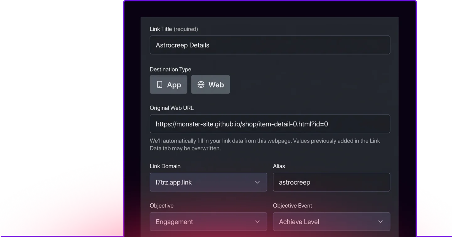 Screenshot of a Branch Dashboard showing the Original Web URL field with https://monster-site.github.io/shop/item-detail.html?id=0 populated. 