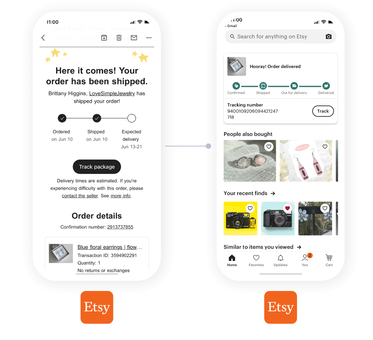 Screenshots of a phone screen showing the user flow from email to app. When a user clicks on the "track package" link in an email, they are deep linked to the order confirmation page in the Etsy app. 