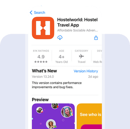 Screenshot of the Hostelworld app listing in the app store.