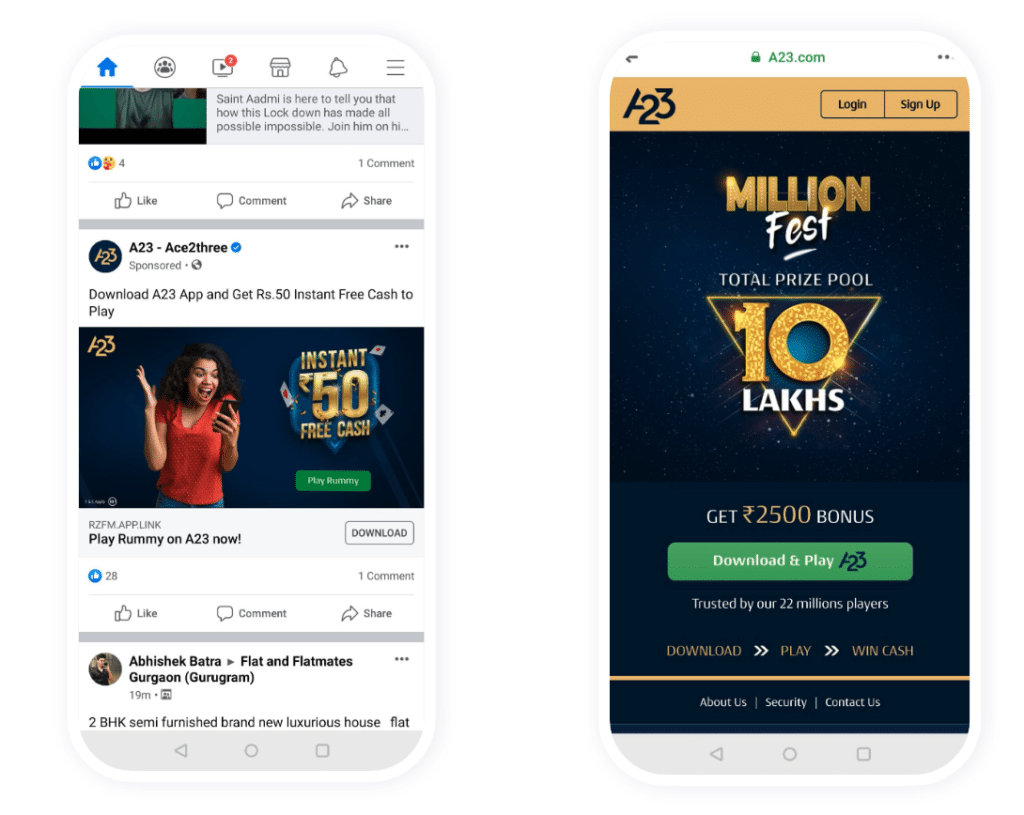 Two phone screens, one showing a social media ad and the second showing how the deep link takes the user to an offer to download the app and get a 2500 rupee bonus.