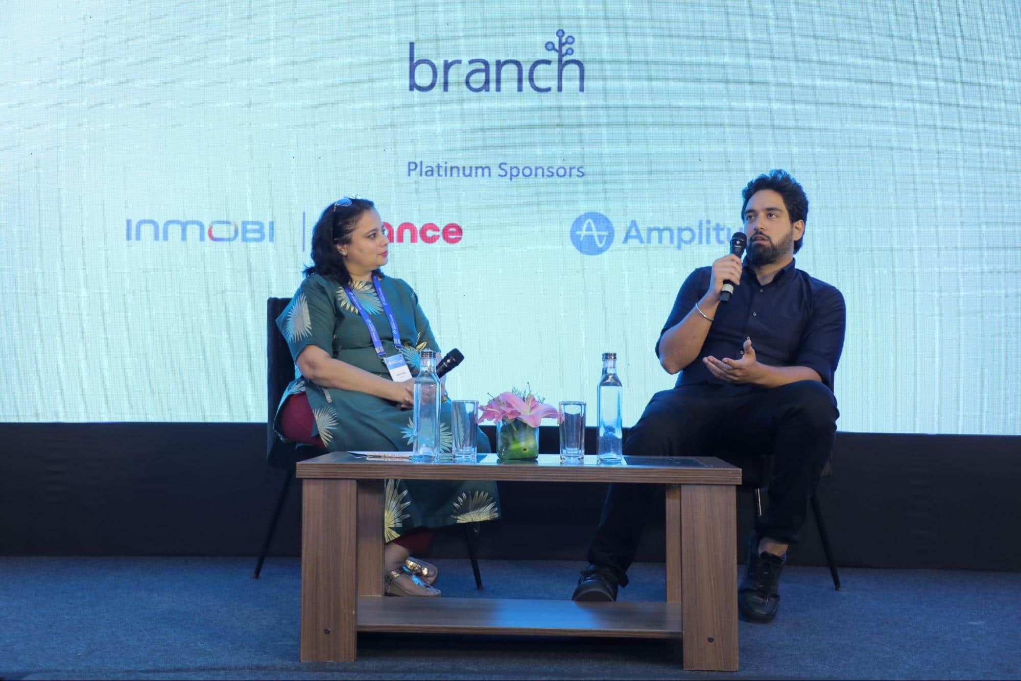 Photo of Jesika Dalal and Jaskaran Singh on stage at Leaders in Mobile Growth New Delhi. 