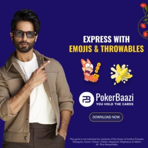 An example Baazi Games app ad featuring Shahid Kapoor pointing to text that reads: "Express with Emojis & Throwables" followed by two emojis