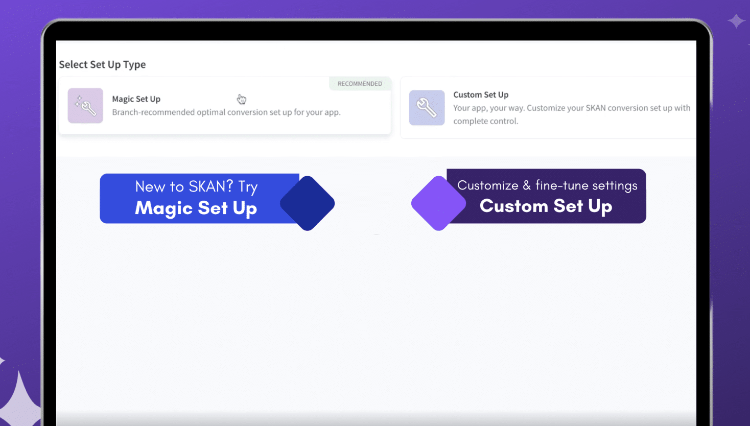 Branch Dashboard showing two set up type options: Magic Set Up and Custom Set Up. 