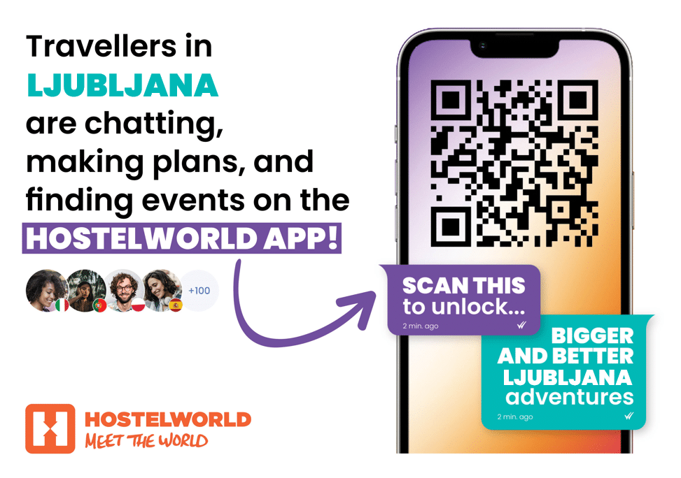 Travelers in Ljubljana can scan a QR code in their hostel to chat with other travels, make plans and find events on the Hostelworld app.