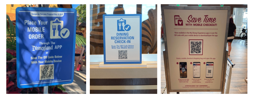 Photograph of a three Disney Parks signs featuring a QR codes for attendees to order food, make dining reservations, and purchase items in the app.