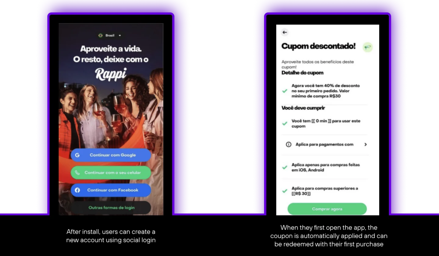 Two mobile screenshots of the Rappi app in Portuguese. The left screen shows the login page with social sign-in options. The right screen shows a coupon confirmation page for a 40 percent discount. Captions below explain that users can create an account with social login and that the coupon is automatically applied at first purchase.