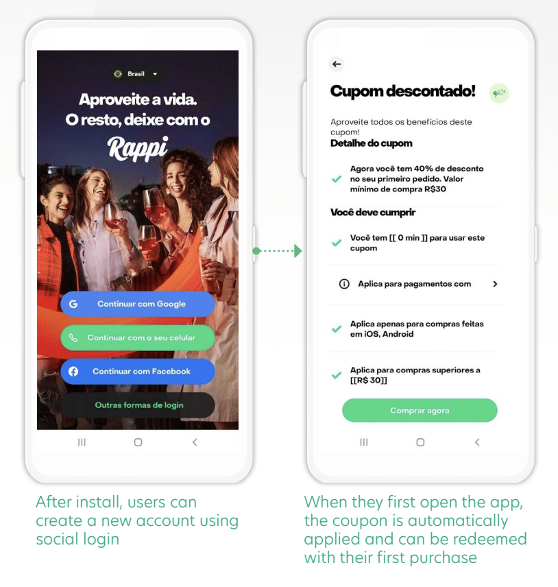 Screenshot of the second part of the Rappi referral program. After install, users cancreate a new account using social login. When they first open the app, the coupon is automatically applied and can be redeemed with their first purchase.