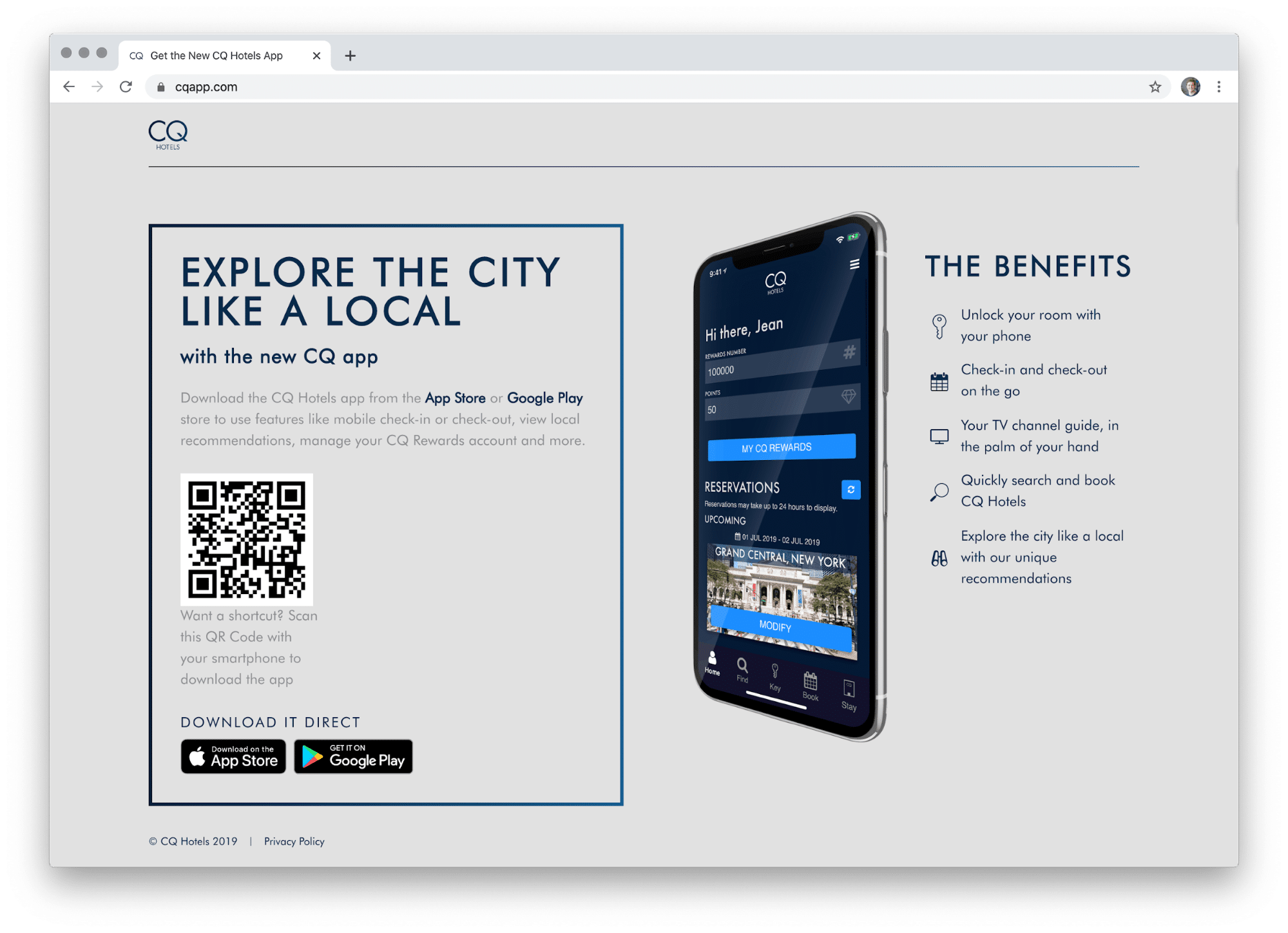 Screenshot of CQ Hotels website: a full page advertising the benefits of the mobile app, including a QR code for viewers to scan and download the advertised app.