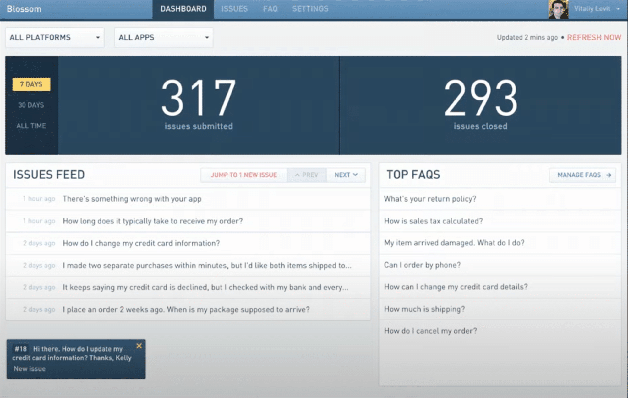 Screenshot of Zendesk in-app support dashboard