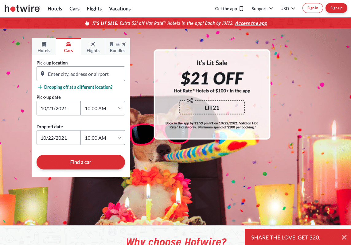 A screenshot from hotwire website featuring a 1/2 page banner advertising an in-app sale with a special code.