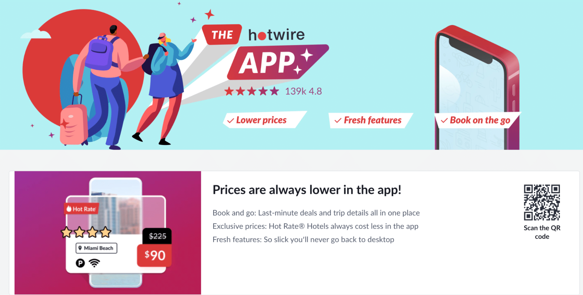 A screenshot from hotwire website of a full-page mobile app advertisement detailing the benefits of the app while also utilizing a QR code for users to scan to download the app.
