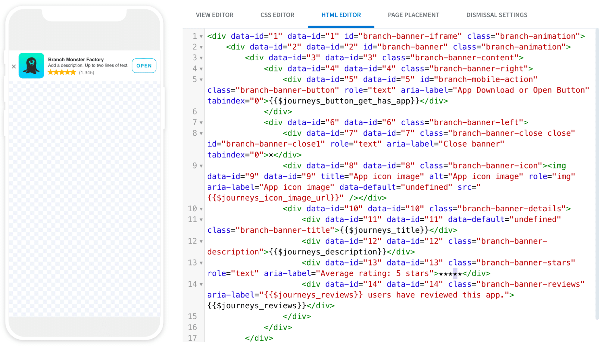 Screenshot of Branch HTML Tab Editor user interface