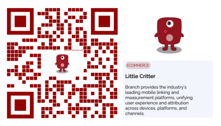 Branch QR code with a Branch monster character "Little Critter" shown in the center.