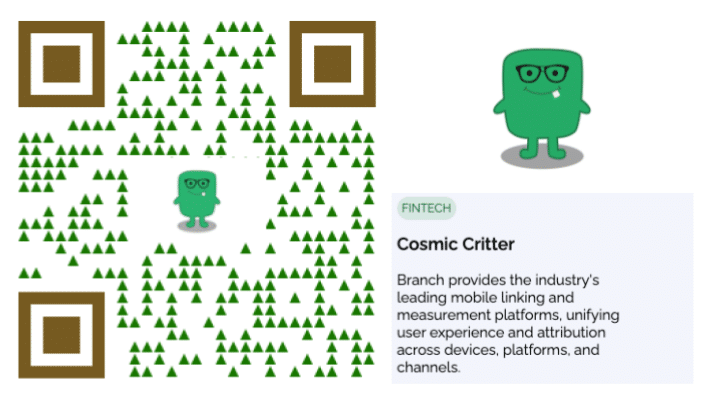 Branch QR code with a Branch monster character "Cosmic Critter" shown in the center.