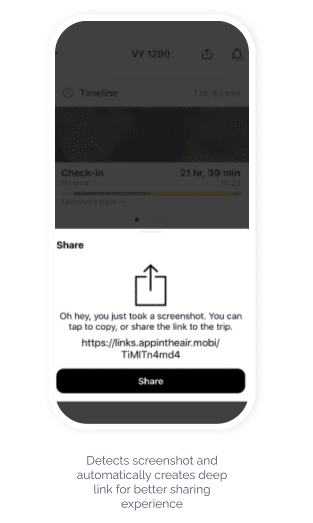 Mobile phone showing that an app can detect a screenshot and automatically creates a deep link for a better sharing experience.