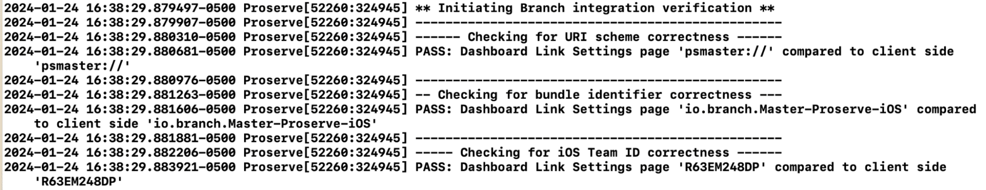 An image of XCode logs that show up with the Branch Integration popup.