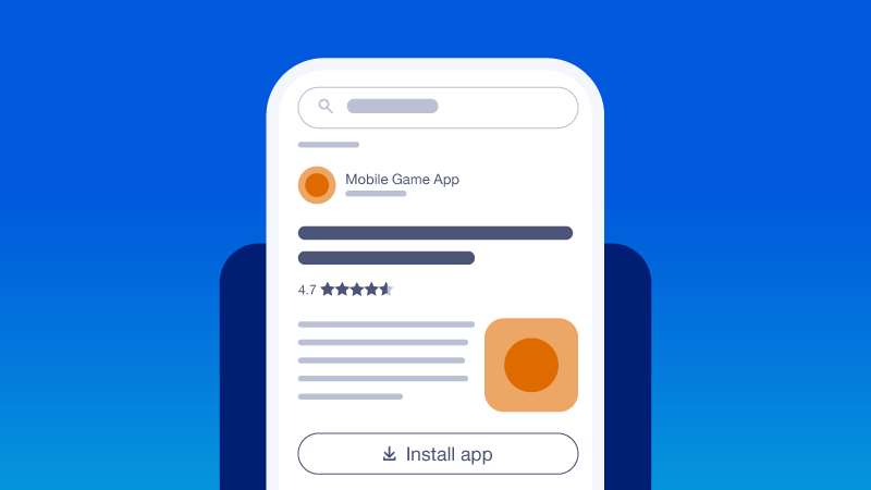 Illustration of a mobile phone interface showing a 4.7-star rated mobile game app with an install button.