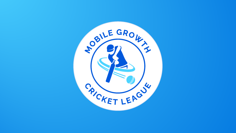 A blue and white logo for "Mobile Growth Cricket League" with a cricket bat, ball, and stumps.