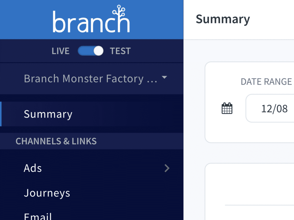 Image of the Live/Test toggle in the Branch dashboard