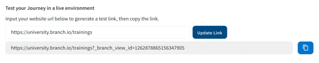 Image of where to copy/paste your webpage link to run a Journeys test showing a sample link and the corresponding inputted UP with an additional query parameter indicating it's a test link.