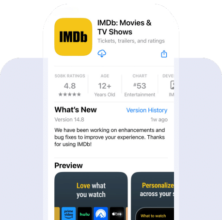 Screenshot of the IMDb app listing in the app store