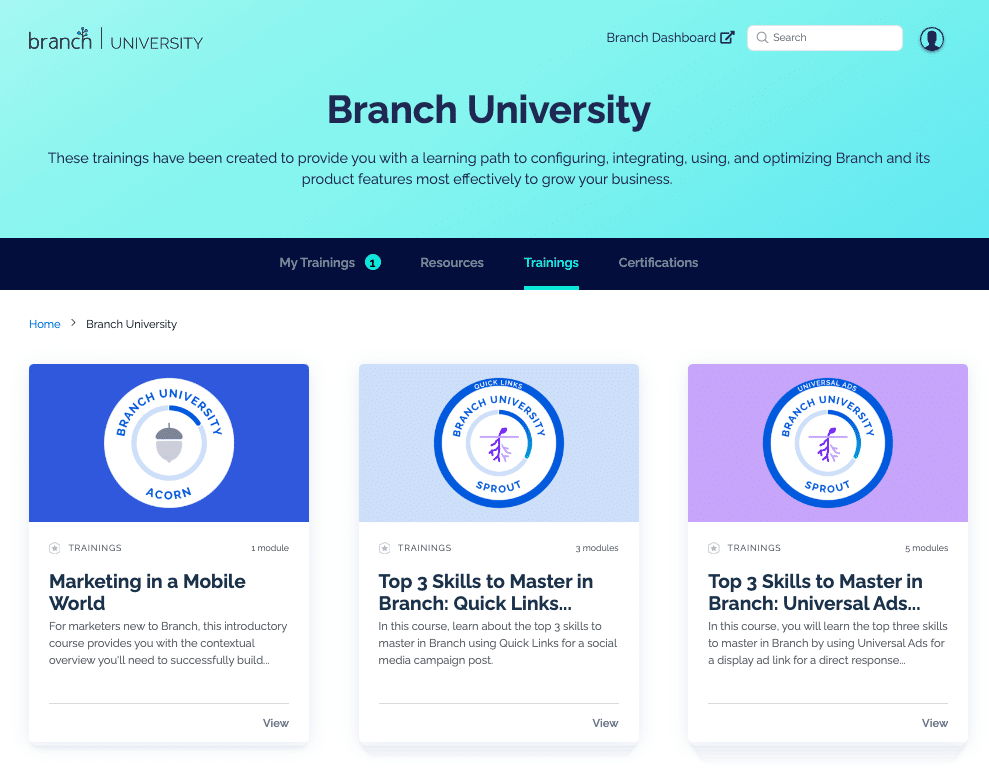 Screenshot of the Branch University trainings homepage. 