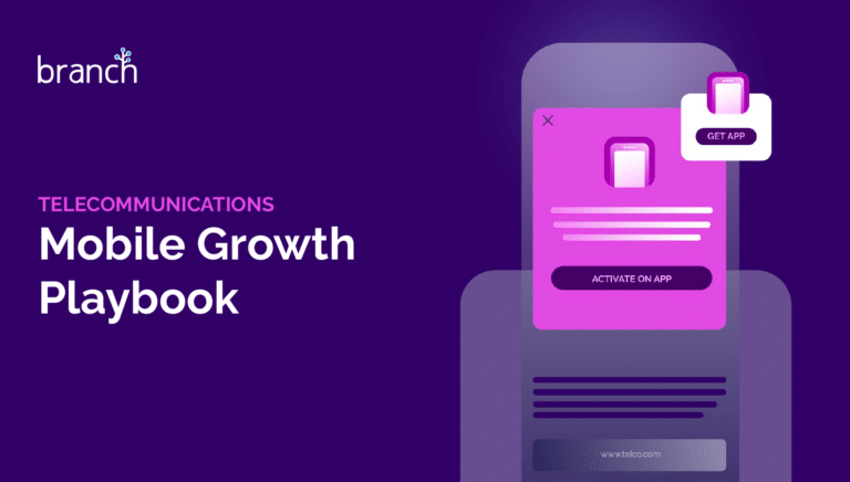 Ad graphic for "Telecommunications Mobile Growth Playbook" by Branch with a phone illustration.