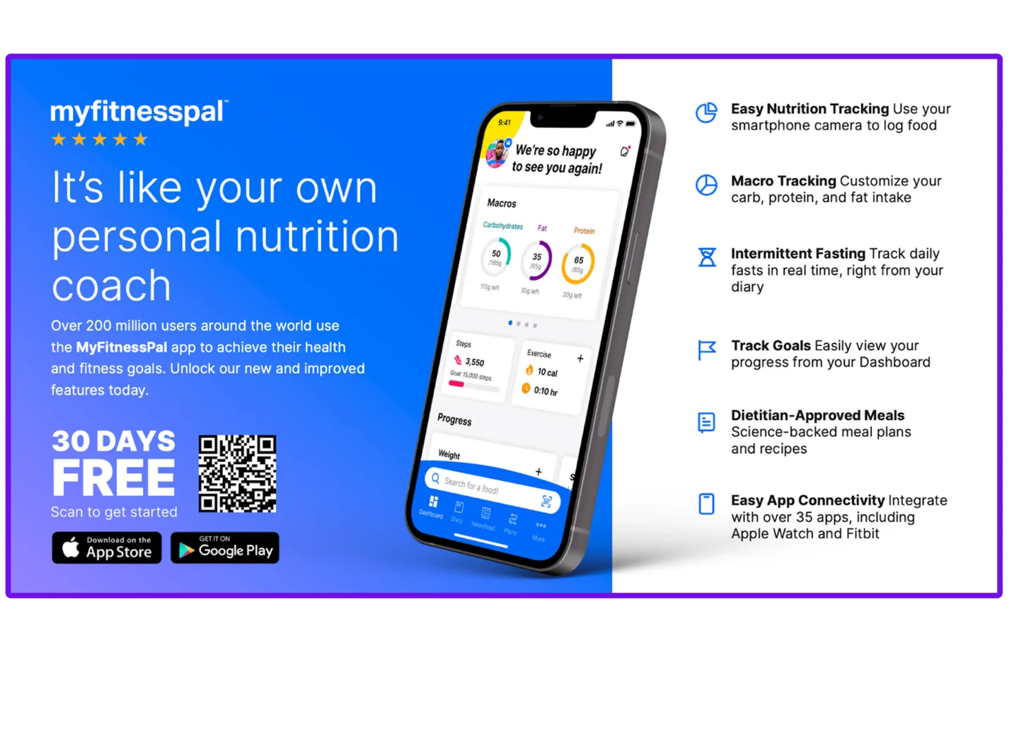 MyFitnessPal advertisement with a blue gradient background. The headline reads "It's like your own personal nutrition coach," with a five-star rating and a note that over 200 million users rely on the app. A QR code and app store badges sit below a "30 Days Free" callout. A phone mockup in the center displays the app's dashboard, showing macro tracking rings for carbohydrates, fat, and protein, plus steps and exercise stats. Six feature callouts line the right side: Easy Nutrition Tracking, Macro Tracking, Intermittent Fasting, Track Goals, Dietitian-Approved Meals, and Easy App Connectivity.