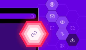 Graphical image of what deep linking is with the chain link image in red on a purpke background.