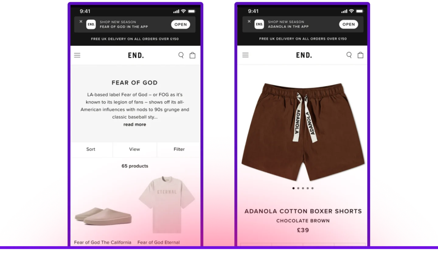 Two mobile browser screenshots of the END. website. The left screen shows a Fear of God product listing with a smart banner prompting users to open the app. The right screen shows an Adanola cotton boxer shorts product page with the same app banner.